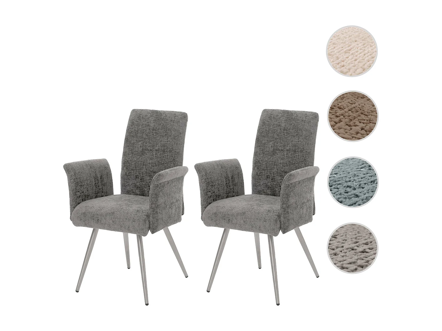 Set di 2 sedie da pranzo MCW-G55, con braccioli, acciaio inox spazzolato Stoffa/tessuto ciniglia Oeko-Tex ~ grigio scuro