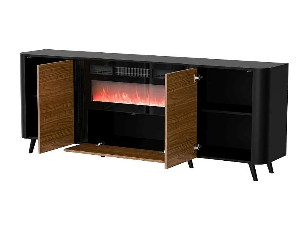 Aparador negro mate y madera 200cm con chimenea y calefactor Lucky