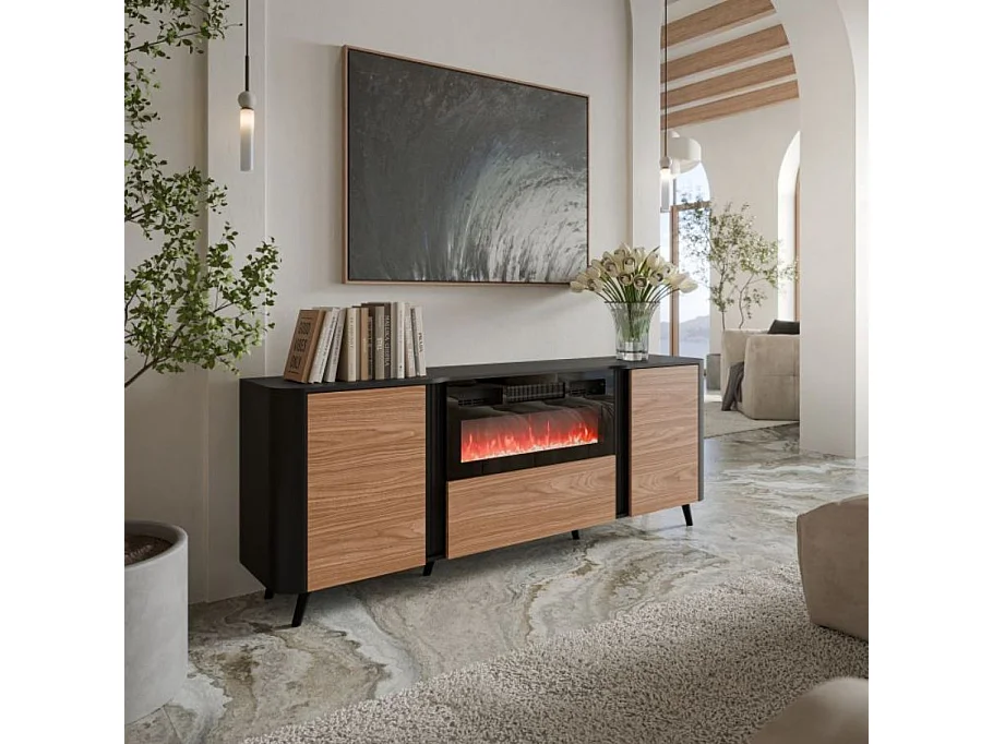 Aparador negro mate y madera 200cm con chimenea y calefactor Lucky