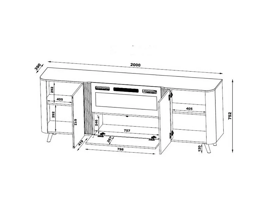 Aparador negro mate y madera 200cm con chimenea y calefactor Lucky