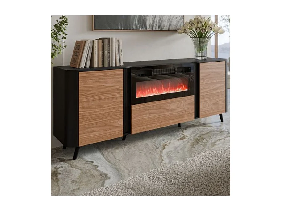 Buffet noir mat et bois 200cm avec cheminée et chauffage Lucky
