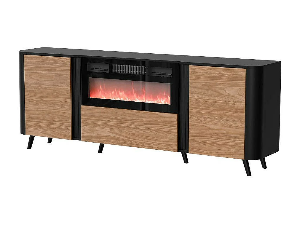 Aparador negro mate y madera 200cm con chimenea y calefactor Lucky