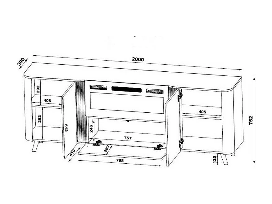 Aparador negro mate y madera 200cm con chimenea y calefactor Lucky