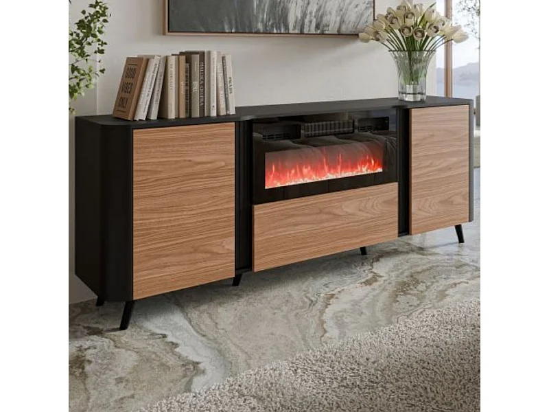 Credenza in legno e nero opaco da 200 cm con camino e stufa Lucky