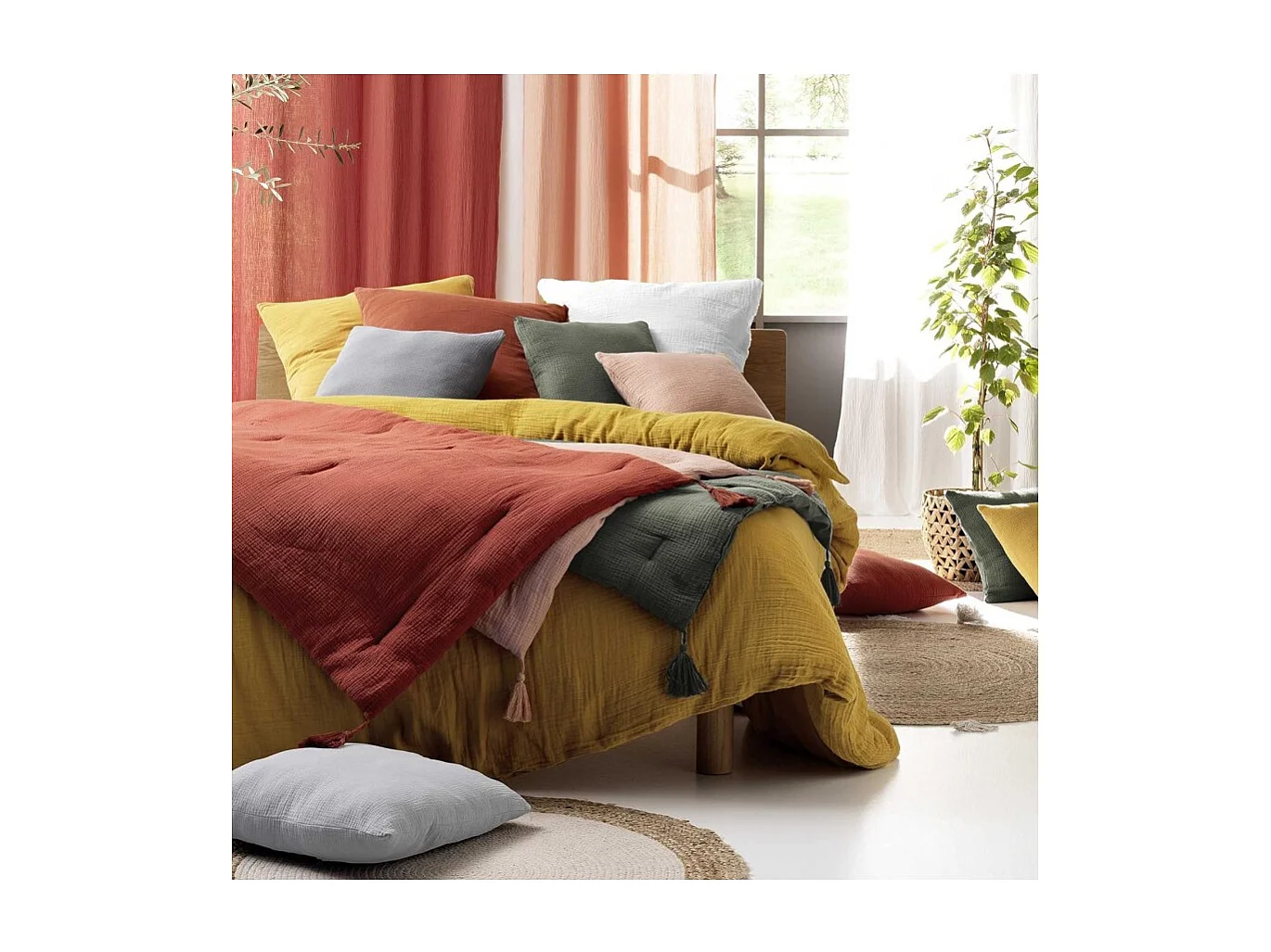 Drap housse 160x200 double gaze de coton jaune Douceur d'intérieur Angelia