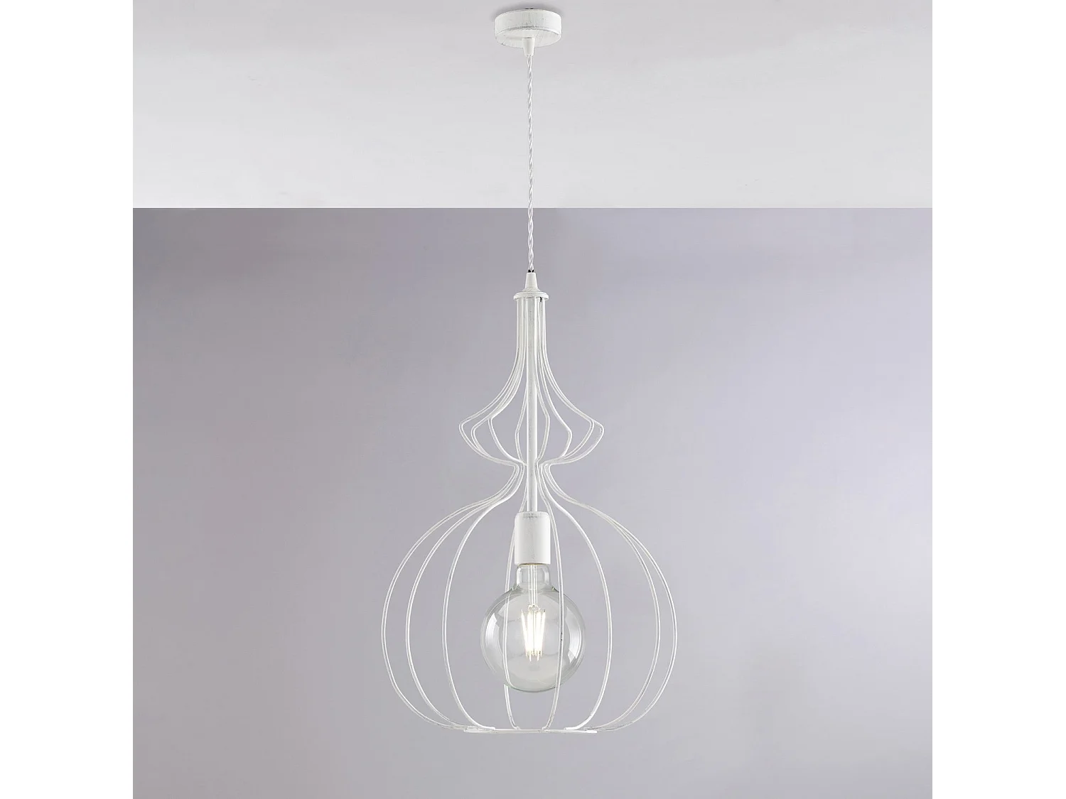 Sospensione Industrial 1Luce Olimpia Gabbia Ferro Laccato Bianco E Argento