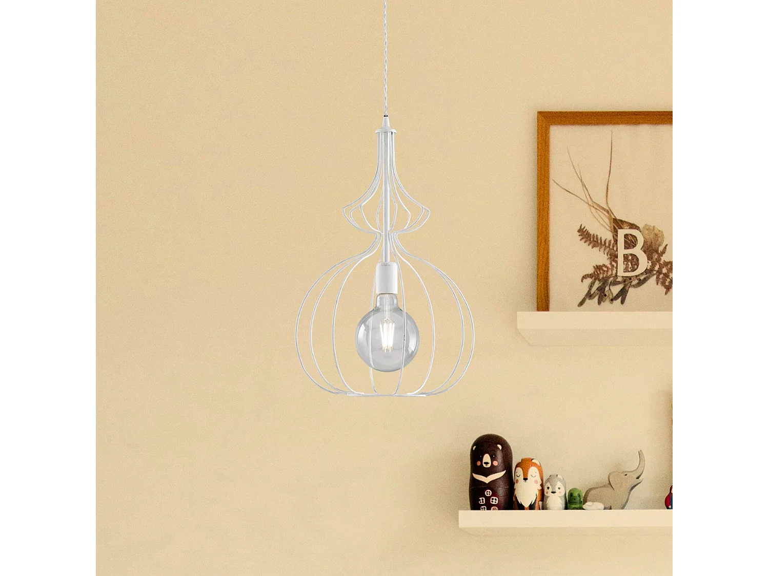 Sospensione Industrial 1Luce Olimpia Gabbia Ferro Laccato Bianco E Argento