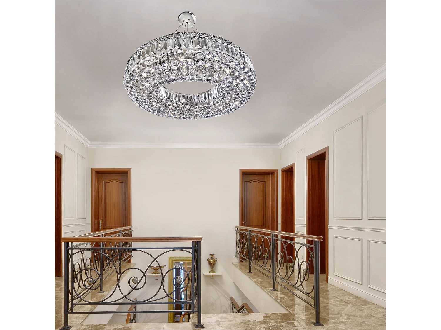 Searchlight Vesuvius - Sospensione da soffitto piccola a 10 luci cromata con cristalli, attacco E14