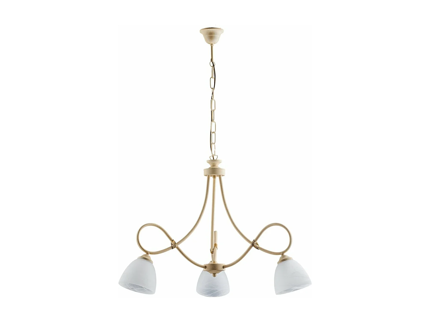 Dallas - Lámpara de araña marfil con efecto decapé y acabados oro antiguo, difusores blancos, 3 luces