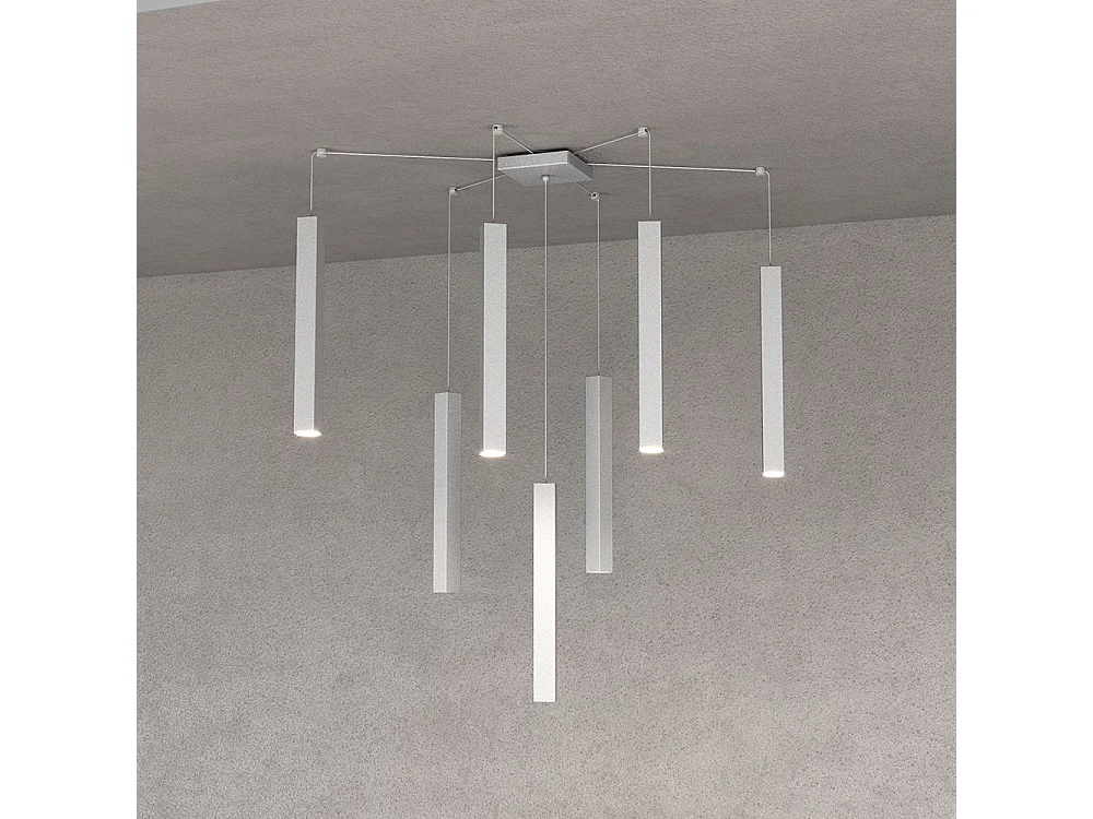 Square Tube Sospensione 7 Luci Grigio Cavo Cm.250 Con Base