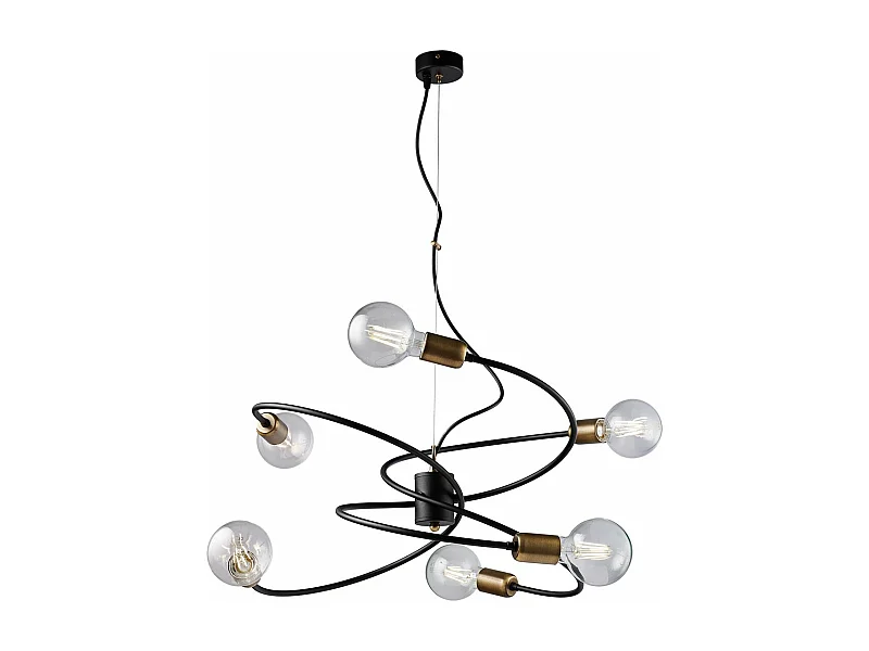 Suspension Vortex noire, finitions laiton brossé, câble acier orientable, 6 lumières d.55 cm, look élégant
