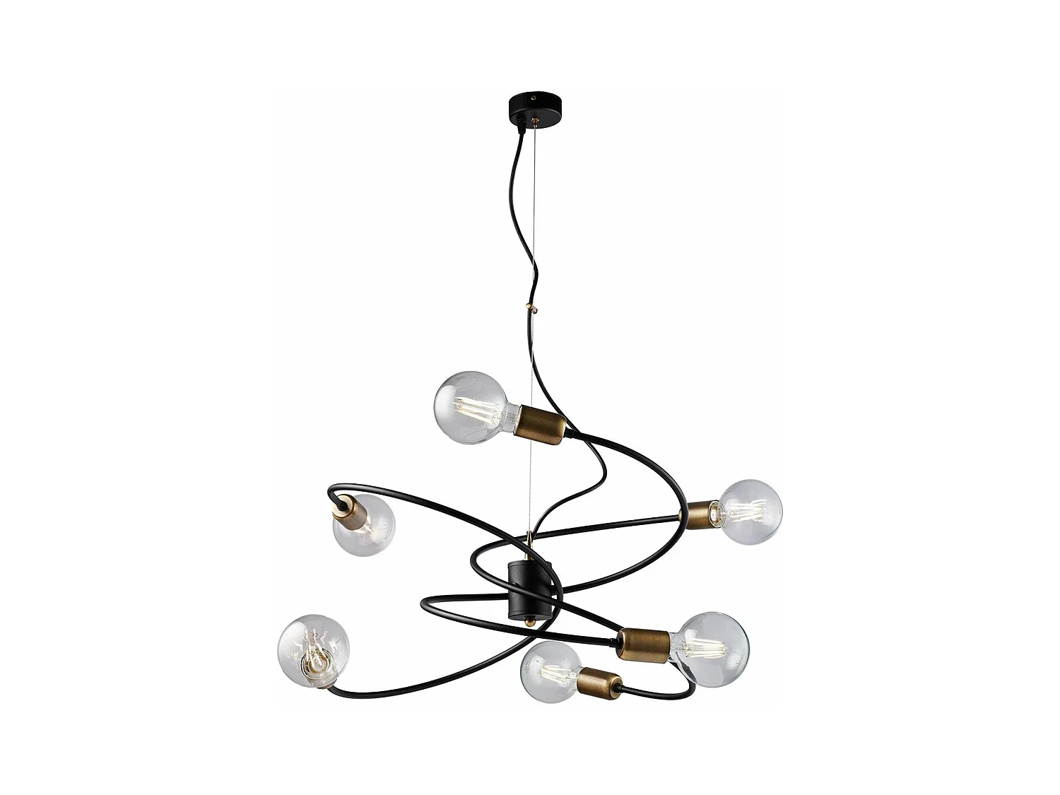 Suspension Vortex noire, finitions laiton brossé, câble acier orientable, 6 lumières d.55 cm, look élégant