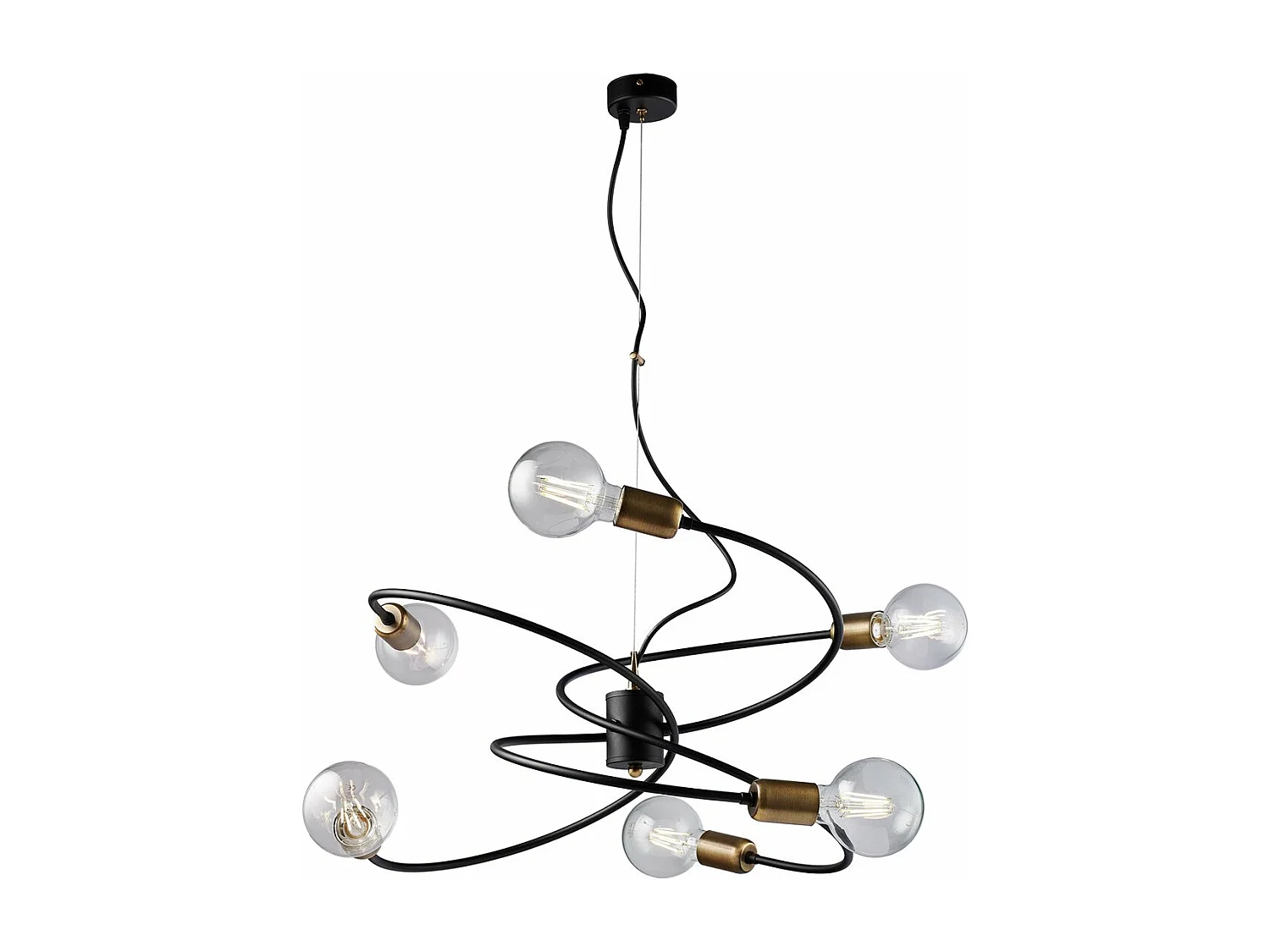 Suspension Vortex noire, finitions laiton brossé, câble acier orientable, 6 lumières d.55 cm, look élégant