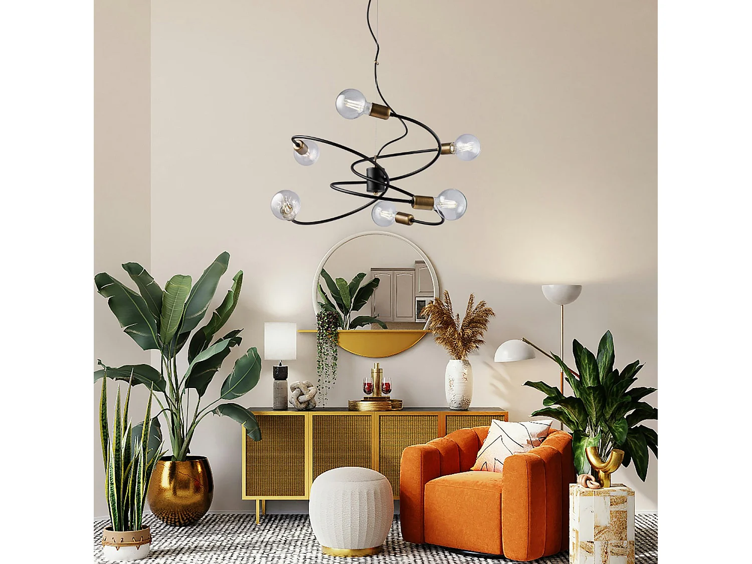 Suspension Vortex noire, finitions laiton brossé, câble acier orientable, 6 lumières d.55 cm, look élégant