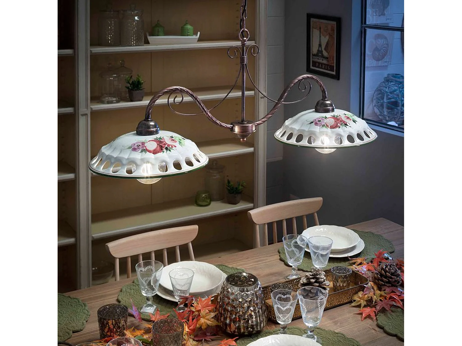 Lampadario Classico Napoli Metallo E Ceramica Bianco Sfumato Oro 2 Luci E27