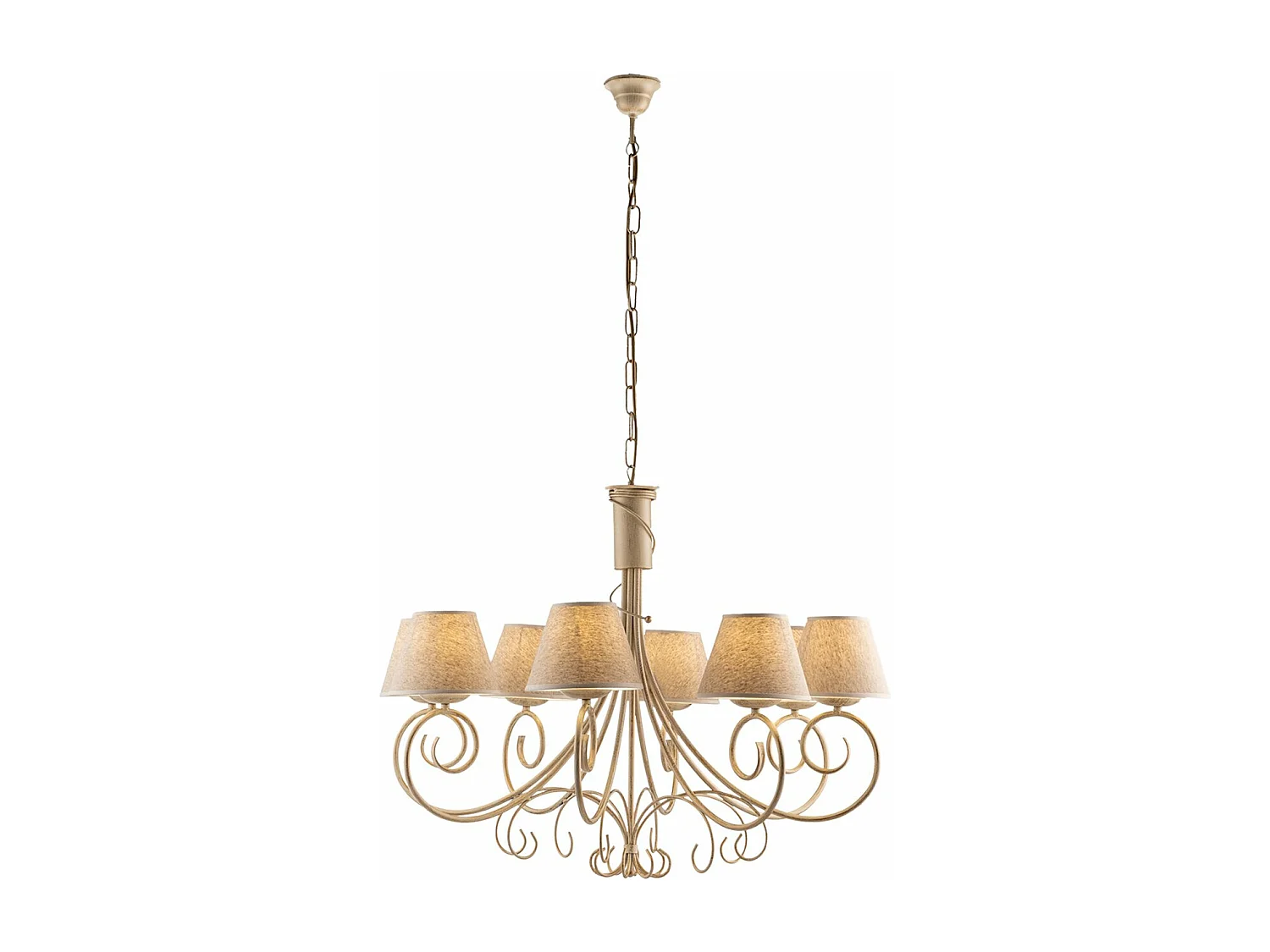 Lampadario 8 Luci Vienna Ferro Avorio E Oro Con Paralumi In Pvc