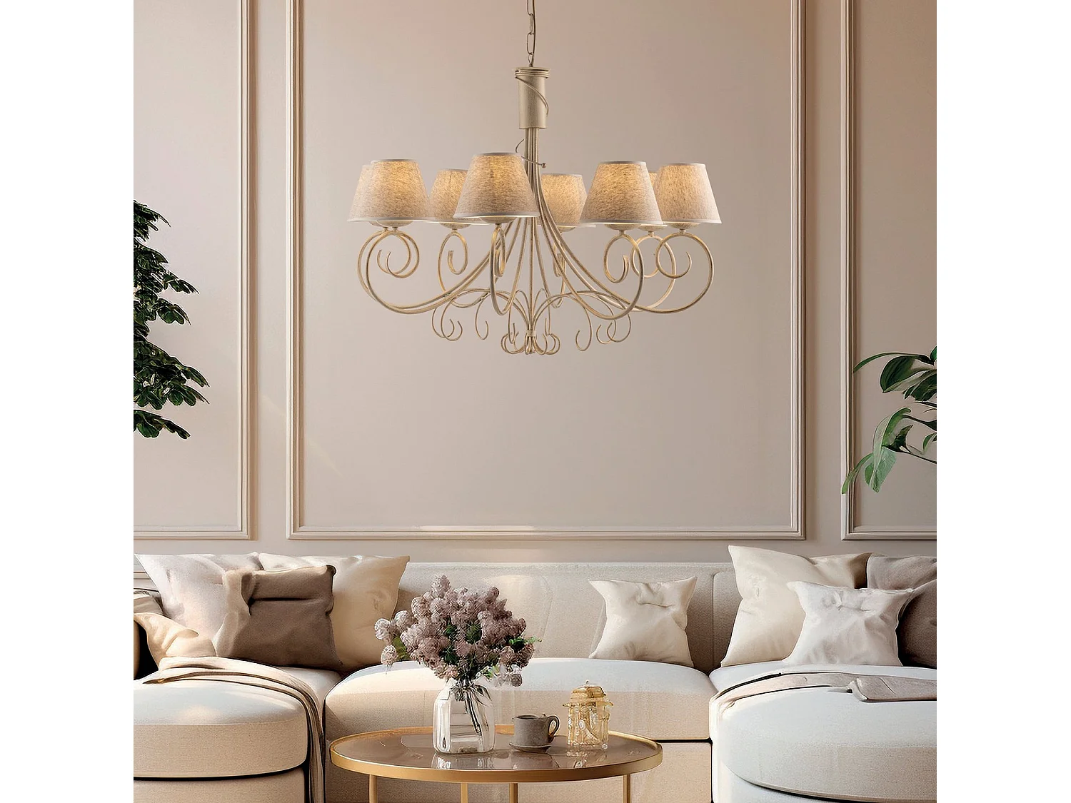 Lampadario 8 Luci Vienna Ferro Avorio E Oro Con Paralumi In Pvc