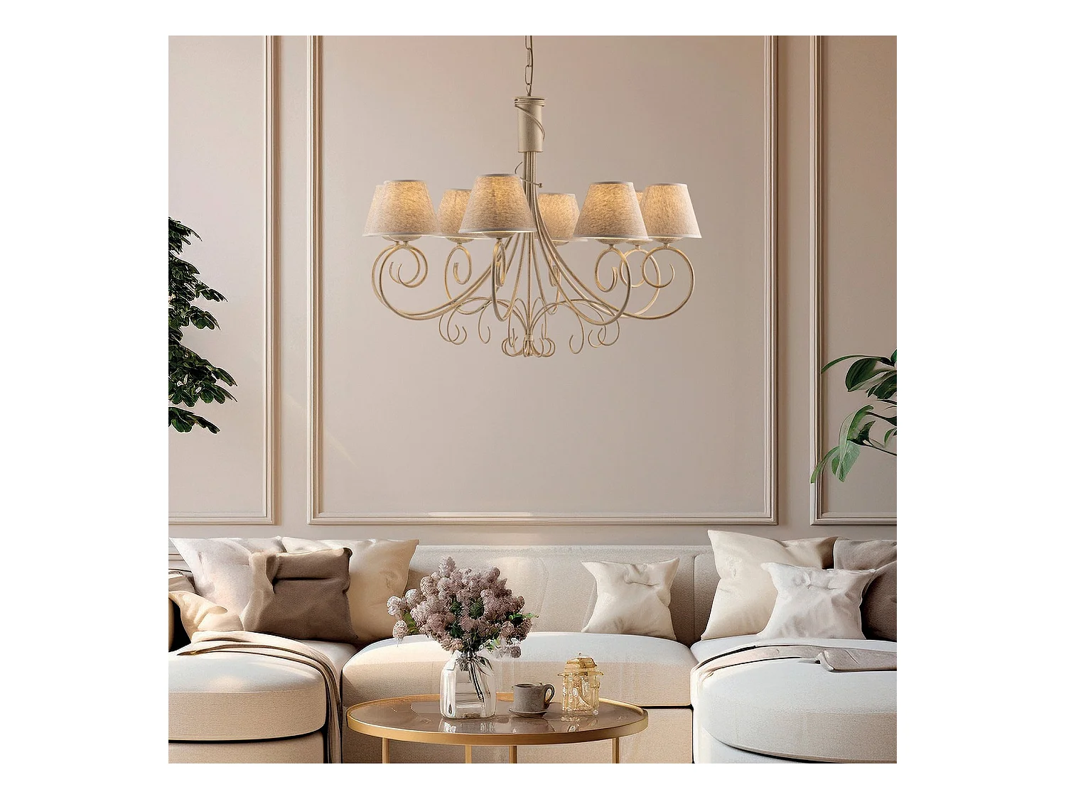 Lustre Vienna fer ivoire, décor or antique, abat-jour jute d.13, 8 lumières d.78 cm, look raffiné et classique