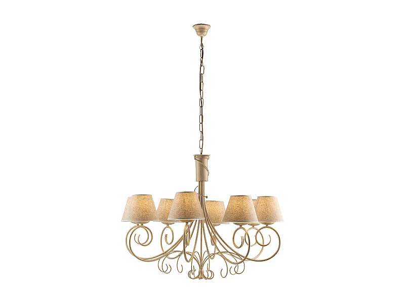 Lustre Vienna fer ivoire, décor or antique, abat-jour jute d.13, 8 lumières d.78 cm, look raffiné et classique