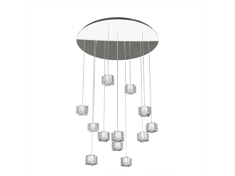Sospensione Contemporanea Rubik Metallo Cromo Diffusore Cristallo 12 Luci G9