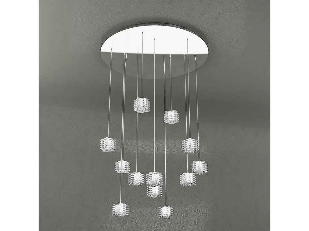 Sospensione Contemporanea Rubik Metallo Cromo Diffusore Cristallo 12 Luci G9