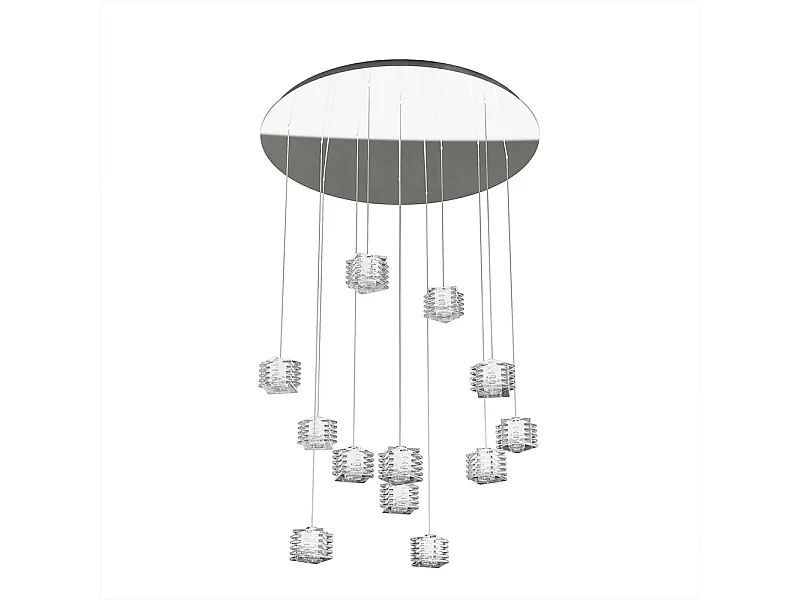 Sospensione Contemporanea Rubik Metallo Cromo Diffusore Cristallo 12 Luci G9