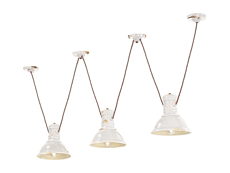 Lampadario Industrial Ferro E Ceramica Vintage Bianco 3 Luci E27