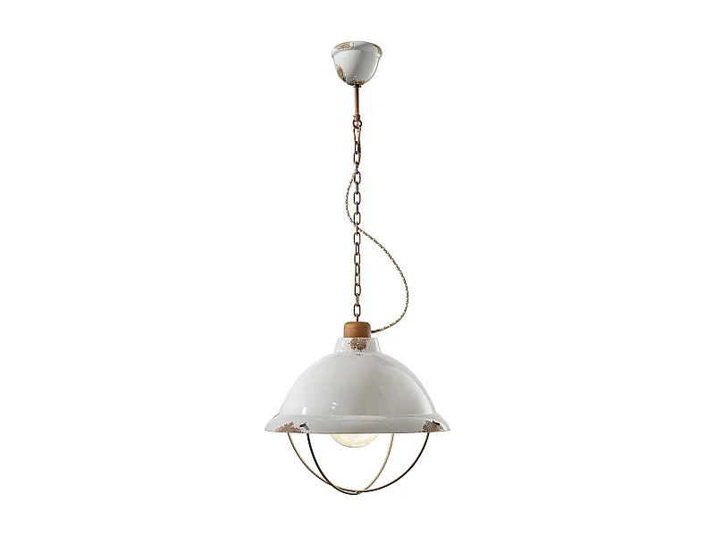 Lampadario Industrial Ferro E Ceramica Con Rete Vintage Bianco 1 Luce E27 40Cm