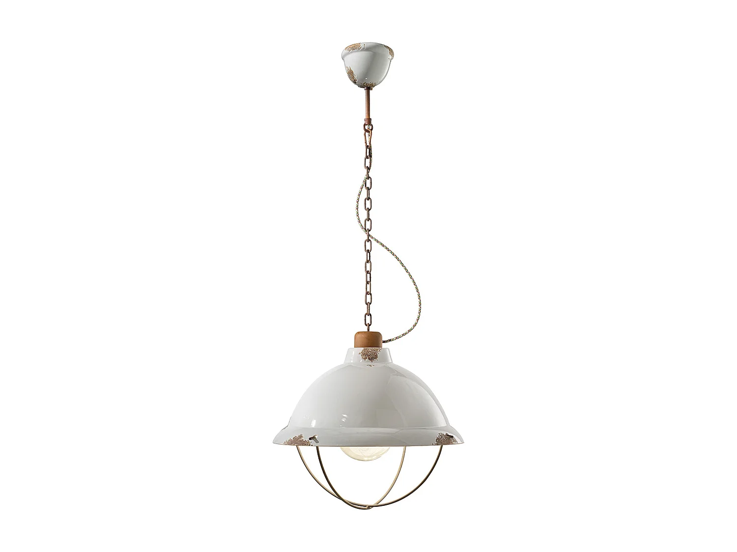 Lampadario Industrial Ferro E Ceramica Con Rete Vintage Bianco 1 Luce E27 40Cm