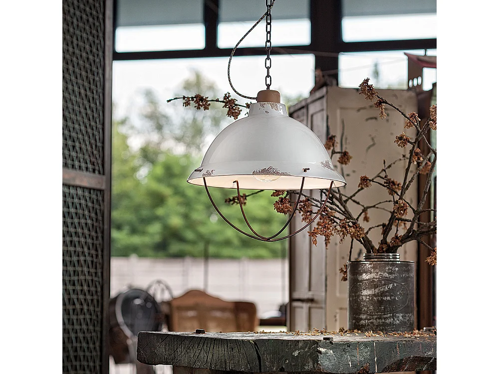 Lampadario Industrial Ferro E Ceramica Con Rete Vintage Bianco 1 Luce E27 40Cm