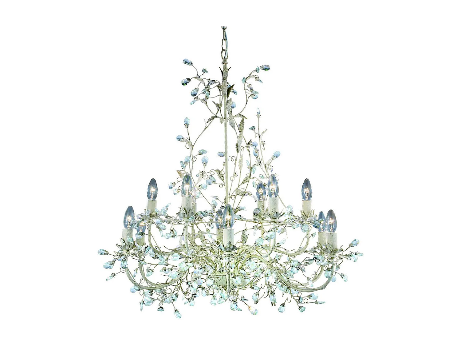 Searchlight Almandite - Pendente da soffitto a 12 luci multibraccio oro, crema con cristalli, motivo floreale a foglie, E14