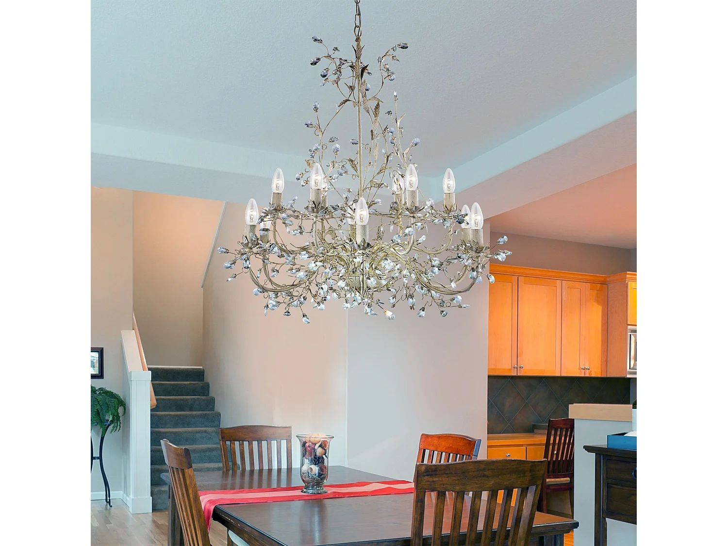 Searchlight Almandite - Pendente da soffitto a 12 luci multibraccio oro, crema con cristalli, motivo floreale a foglie, E14