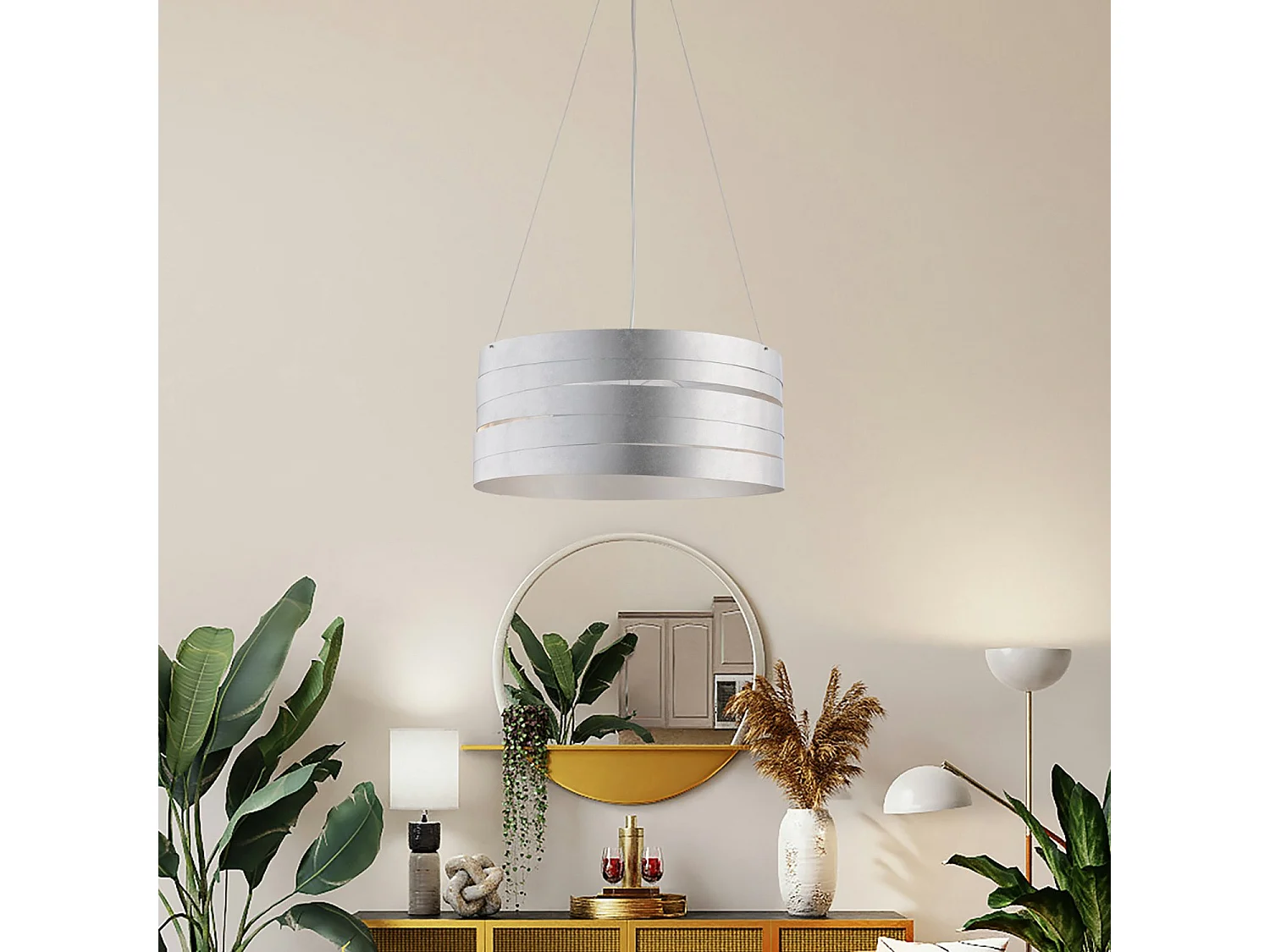 Mambo Suspension en fer laqué blanc décor argent antique et câbles en acier réglables 3 lumières 120 d.45 BL157-3-ARG