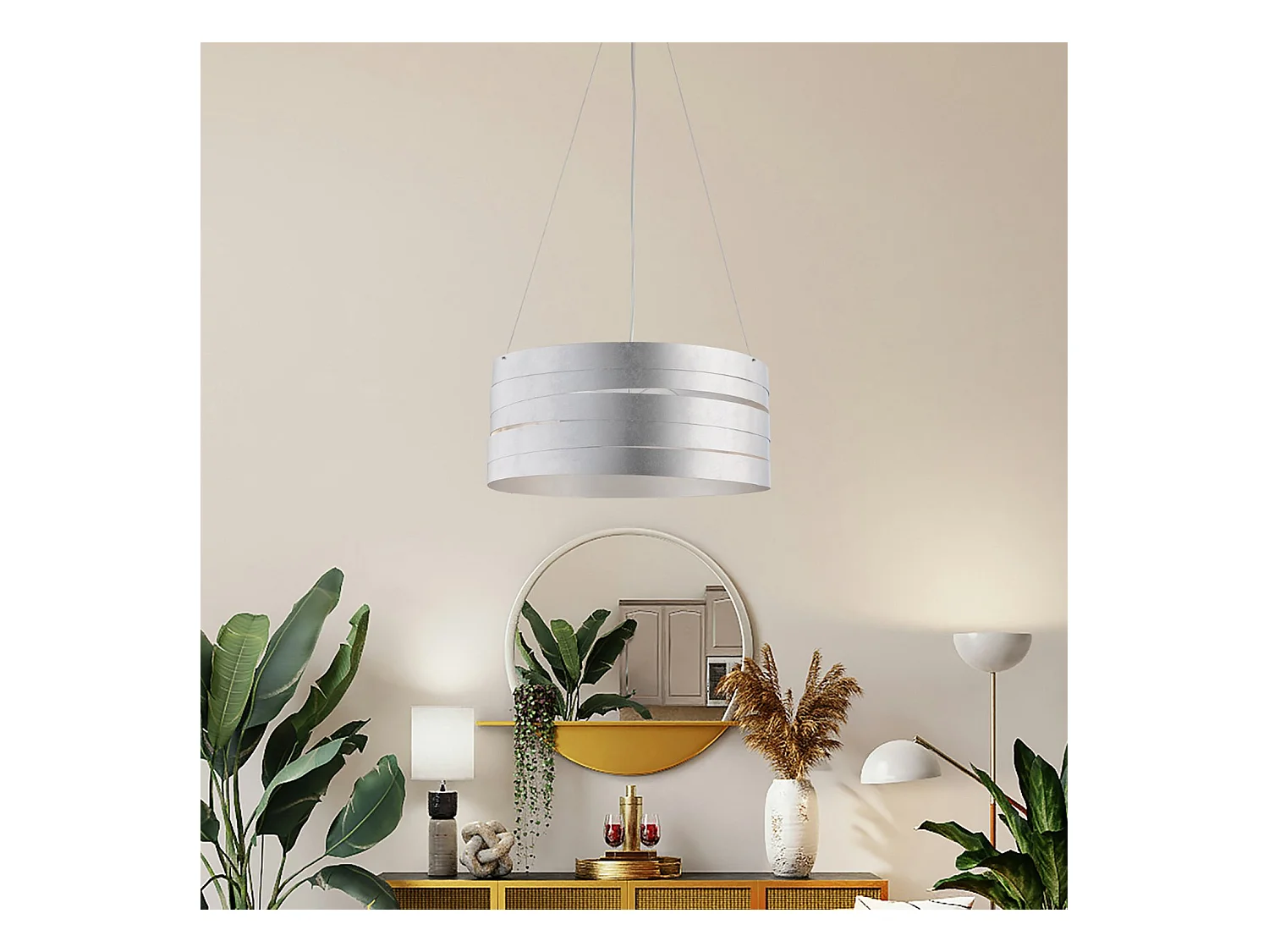 Mambo - Weiß lackierte Eisenpendelleuchte mit antikem Silberdekor und verstellbaren Stahlkabeln, 3 Lichter 120 - Ø45 - BL157-3-ARG