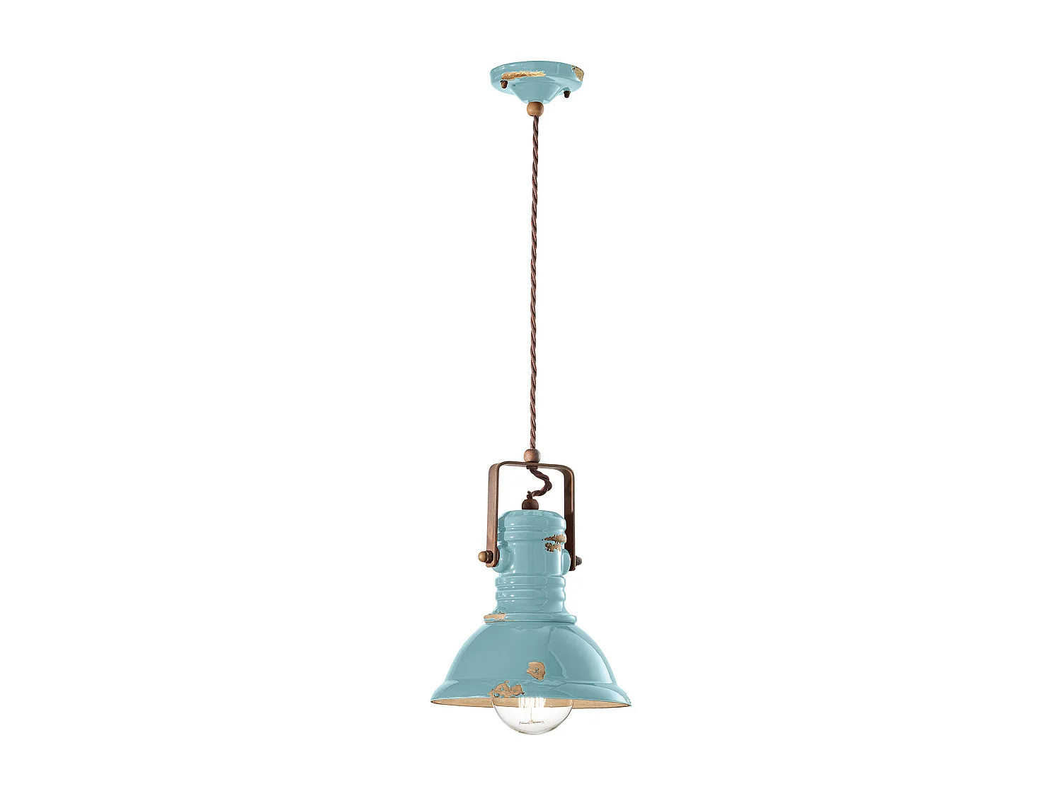 Lampadario Industrial Ferro E Ceramica Vintage Azzurro 1 Luce E27 23Cm