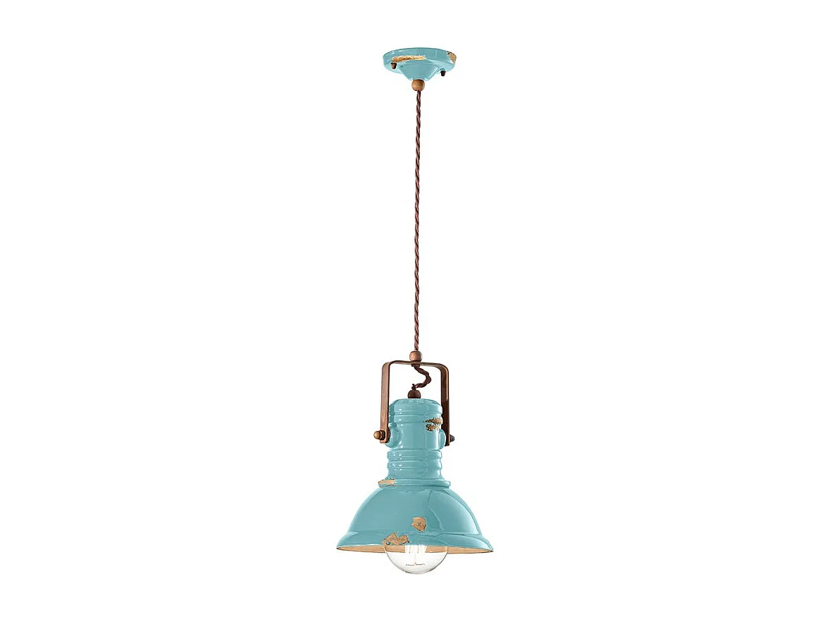Lampadario Industrial Ferro E Ceramica Vintage Azzurro 1 Luce E27 23Cm