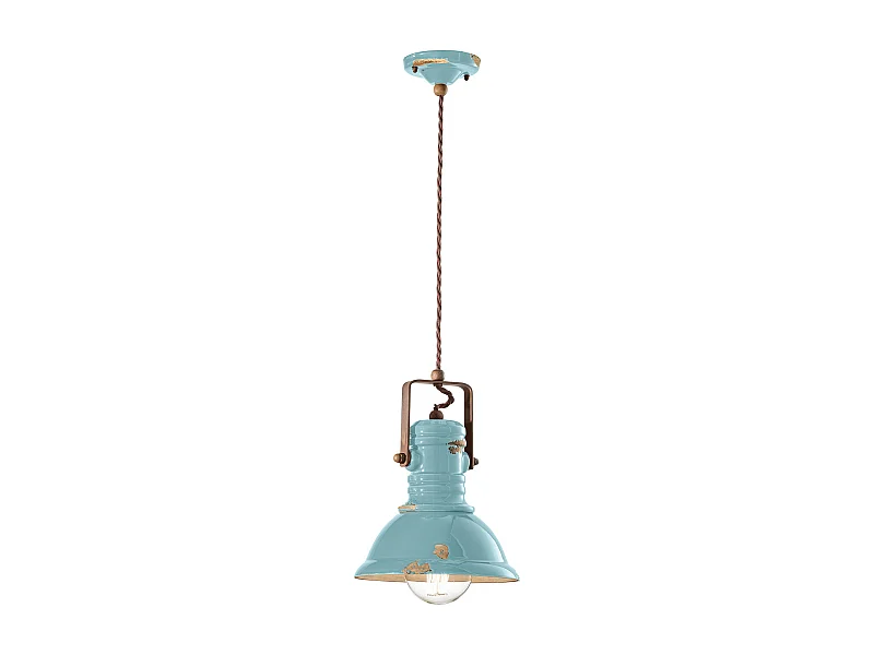 Lampadario Industrial Ferro E Ceramica Vintage Azzurro 1 Luce E27 23Cm