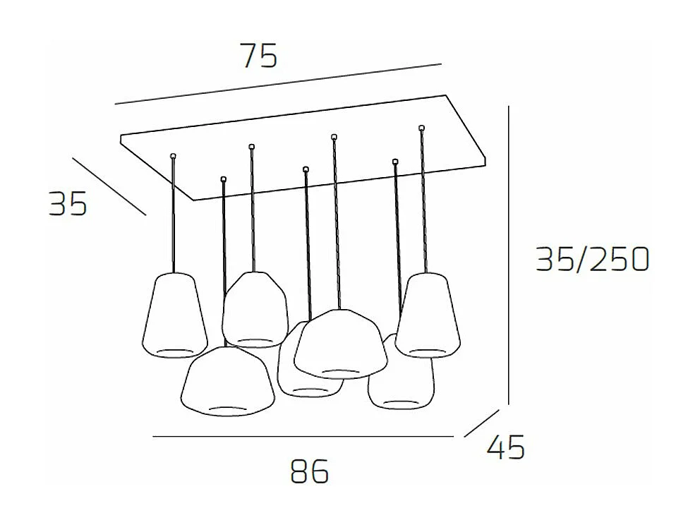 Sospensione Cromo 7 Luci Rettangolare Vetri (Alpha Tr + Am) (Beta 1X Tr + 2X Am) (Gamma Am + Tr)