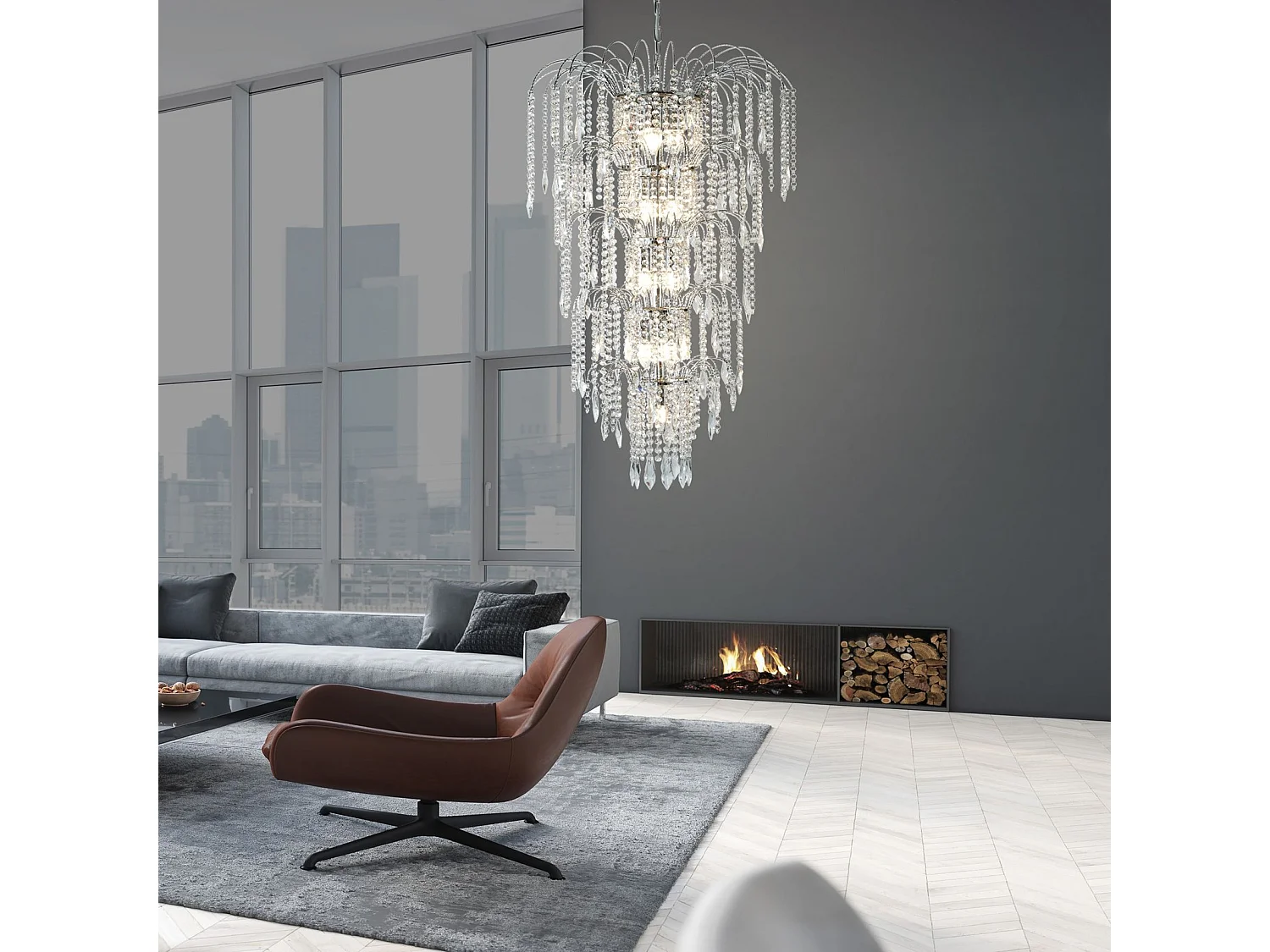 Searchlicht Waterfall - 13 licht Crystal Kronleuchter Chrome Finish, E14