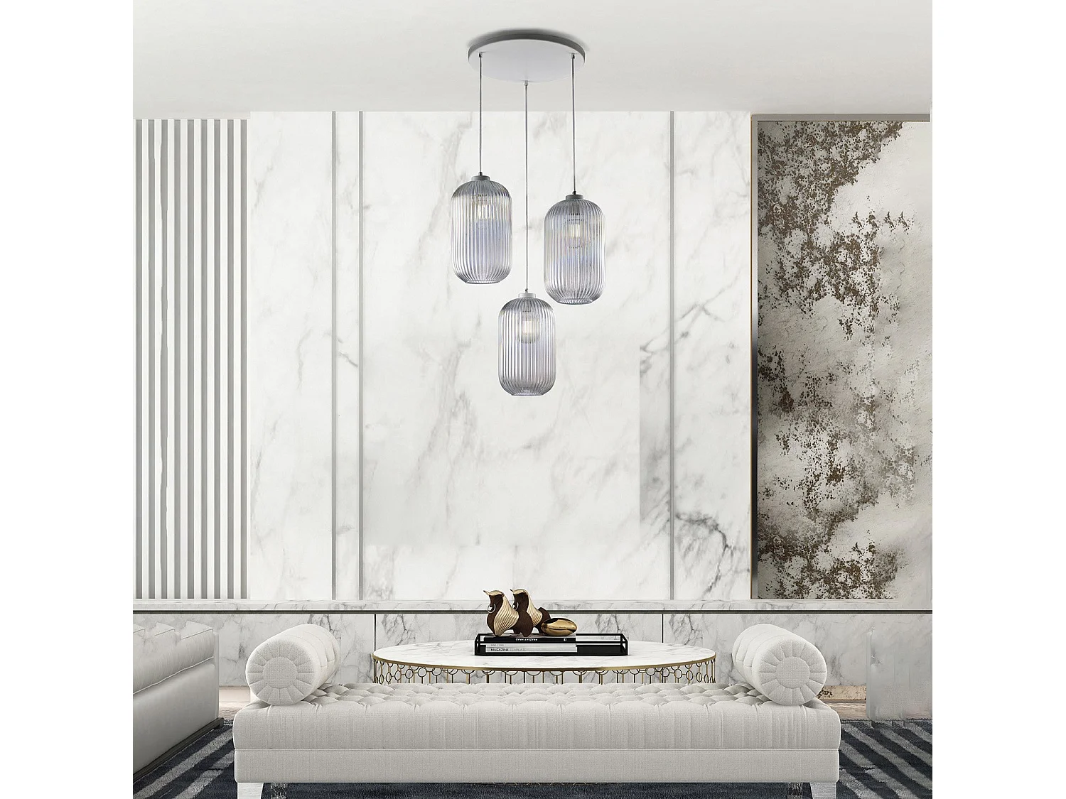 Belight -  Krizia – Pendelleuchte weiß, Glas transparent mit Streifendekor, Ø47, 3-flammig – BL310-S3-TR