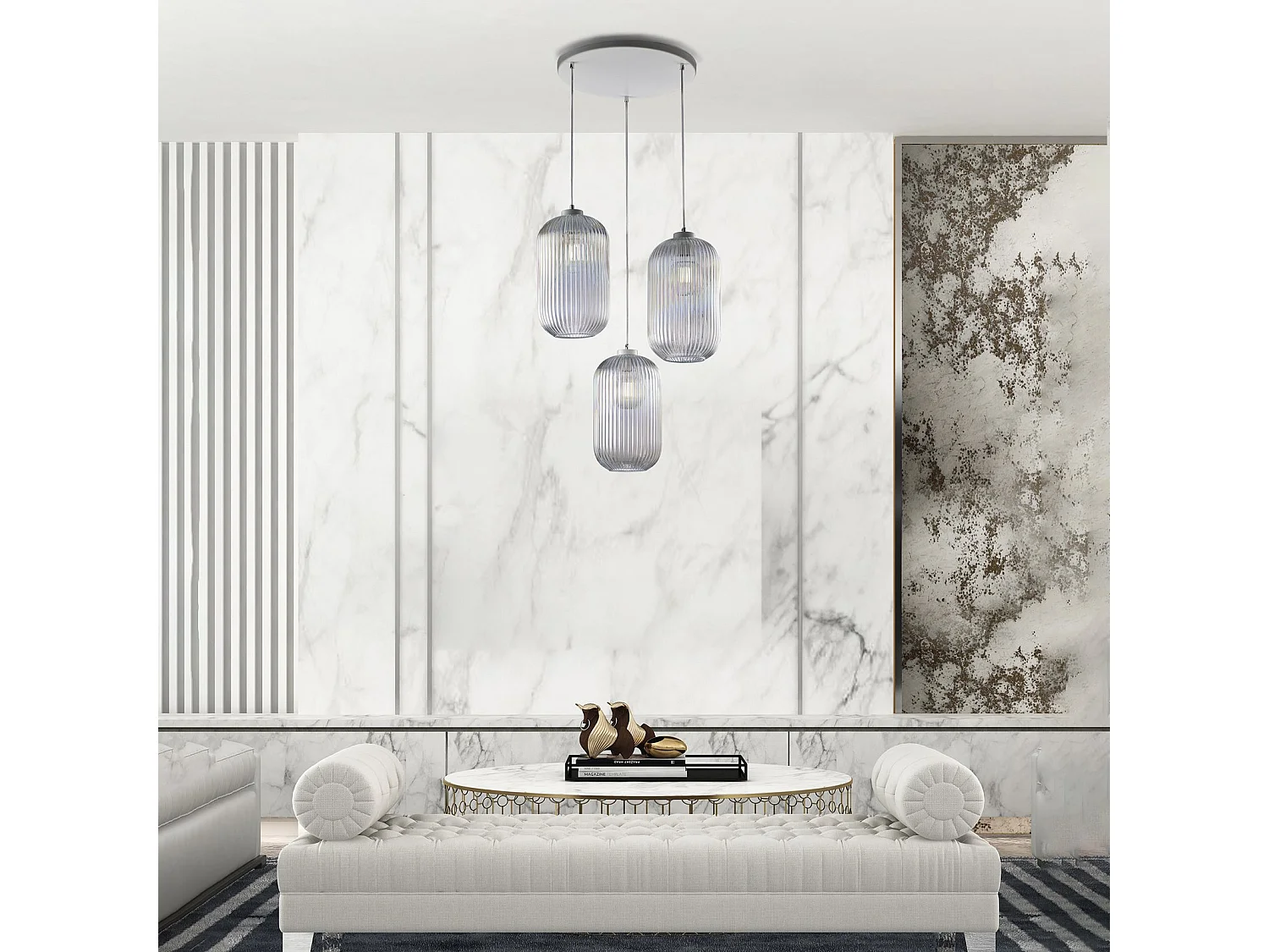 Krizia Suspension en fer laqué blanc avec câbles électriques réglables et diffuseurs en verre soufflé transparent