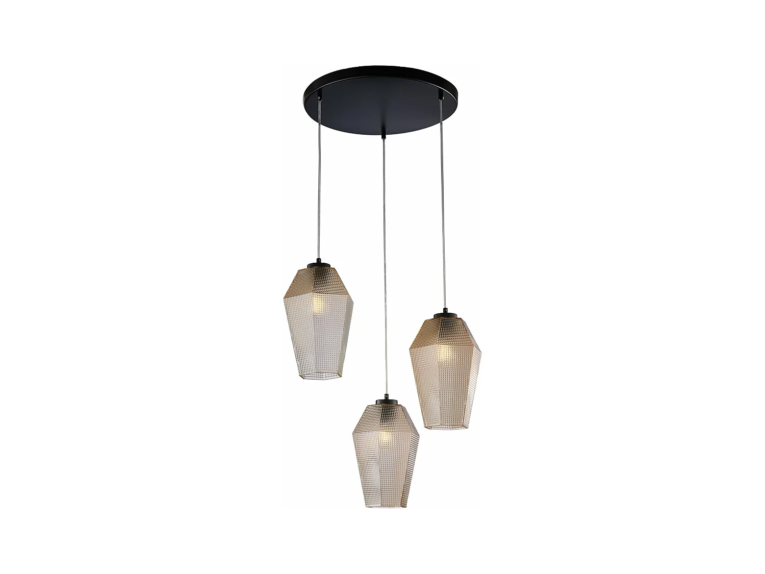 Suspension Prisma fer noir, câbles réglables, verre soufflé ambré décor en relief, 3 lumières d.47 cm, style chaleureux
