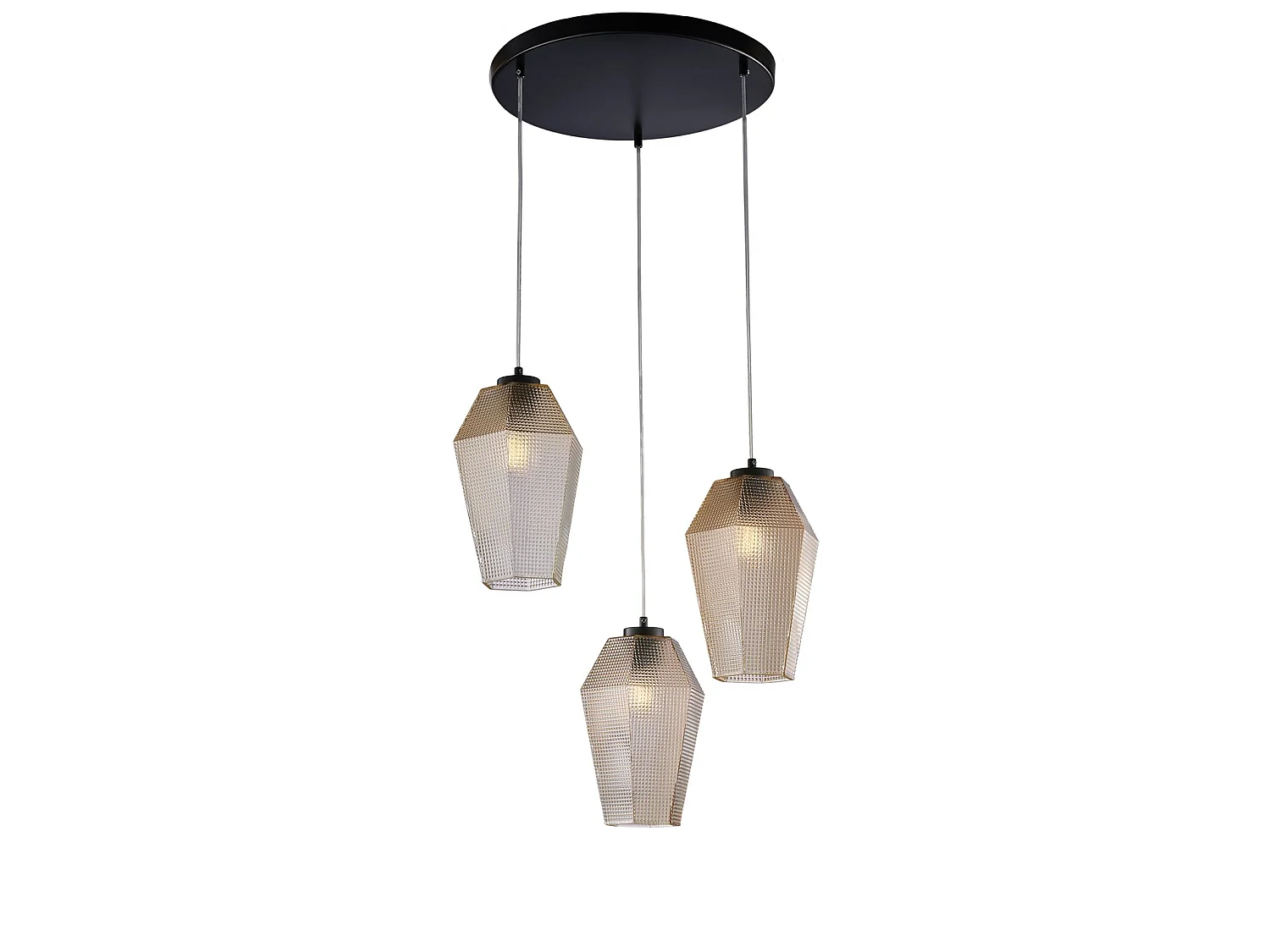 Prisma Suspension lamp in black lacquered iron with adjustable electric cables and amber blown glass diffusers with embossed decoration 3 lights 135 Ø47