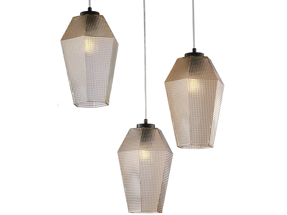 Prisma Suspension lamp in black lacquered iron with adjustable electric cables and amber blown glass diffusers with embossed decoration 3 lights 135 Ø47