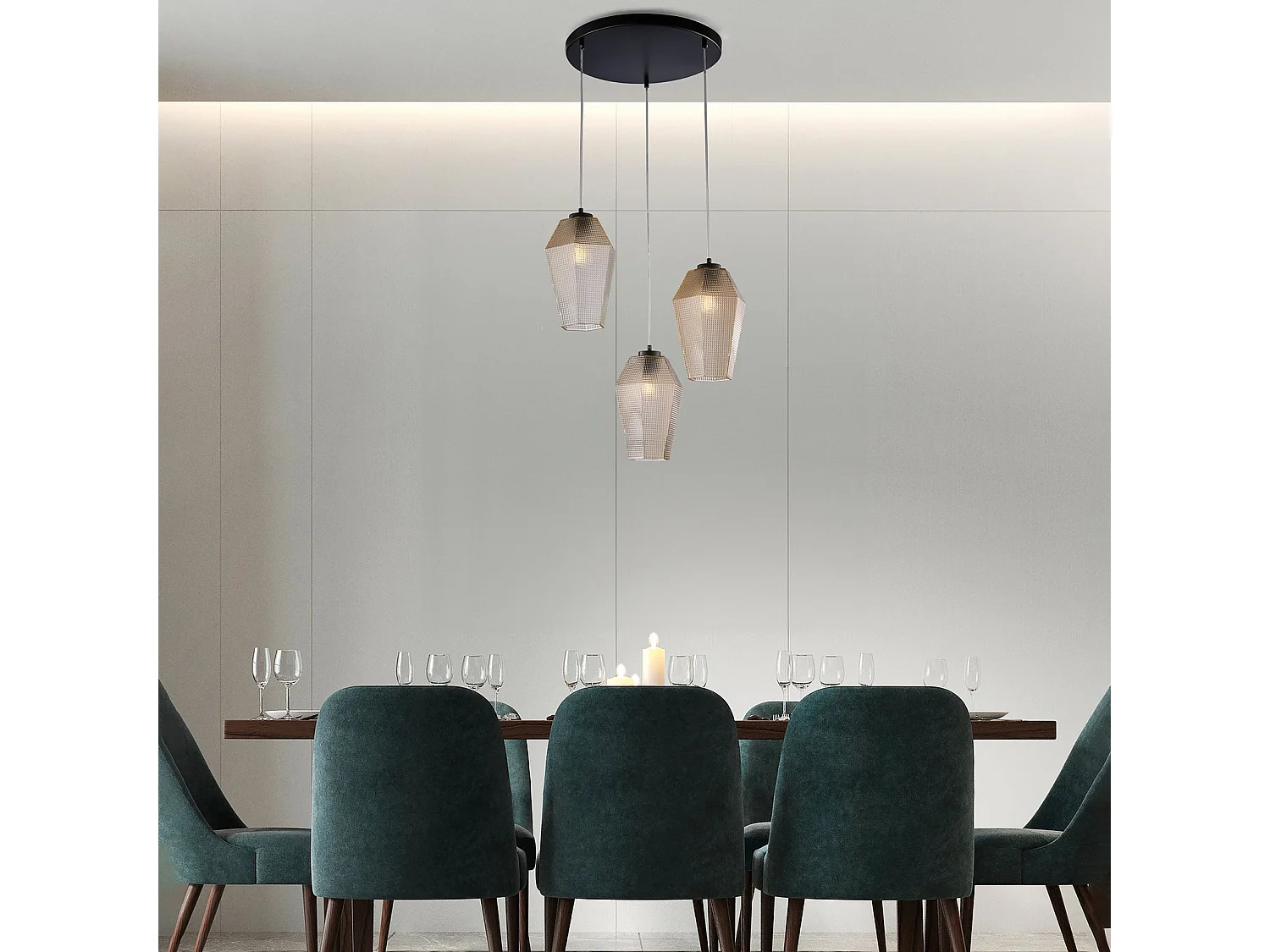Prisma Suspension lamp in black lacquered iron with adjustable electric cables and amber blown glass diffusers with embossed decoration 3 lights 135 Ø47