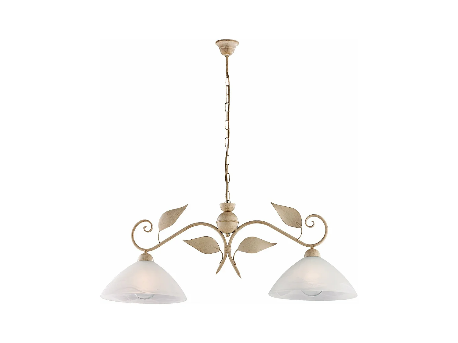 Lustre Esse fer ivoire, déco or antique, verre albâtre d.30, 2 lumières 96x30 cm, style classique discret et raffiné