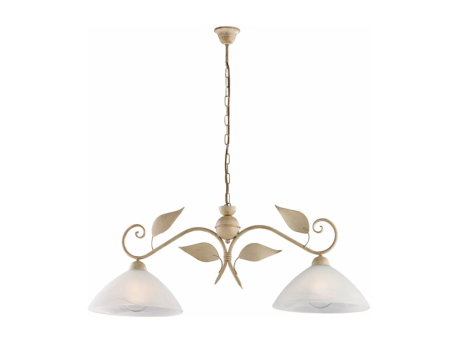 Lustre Esse fer ivoire, déco or antique, verre albâtre d.30, 2 lumières 96x30 cm, style classique discret et raffiné