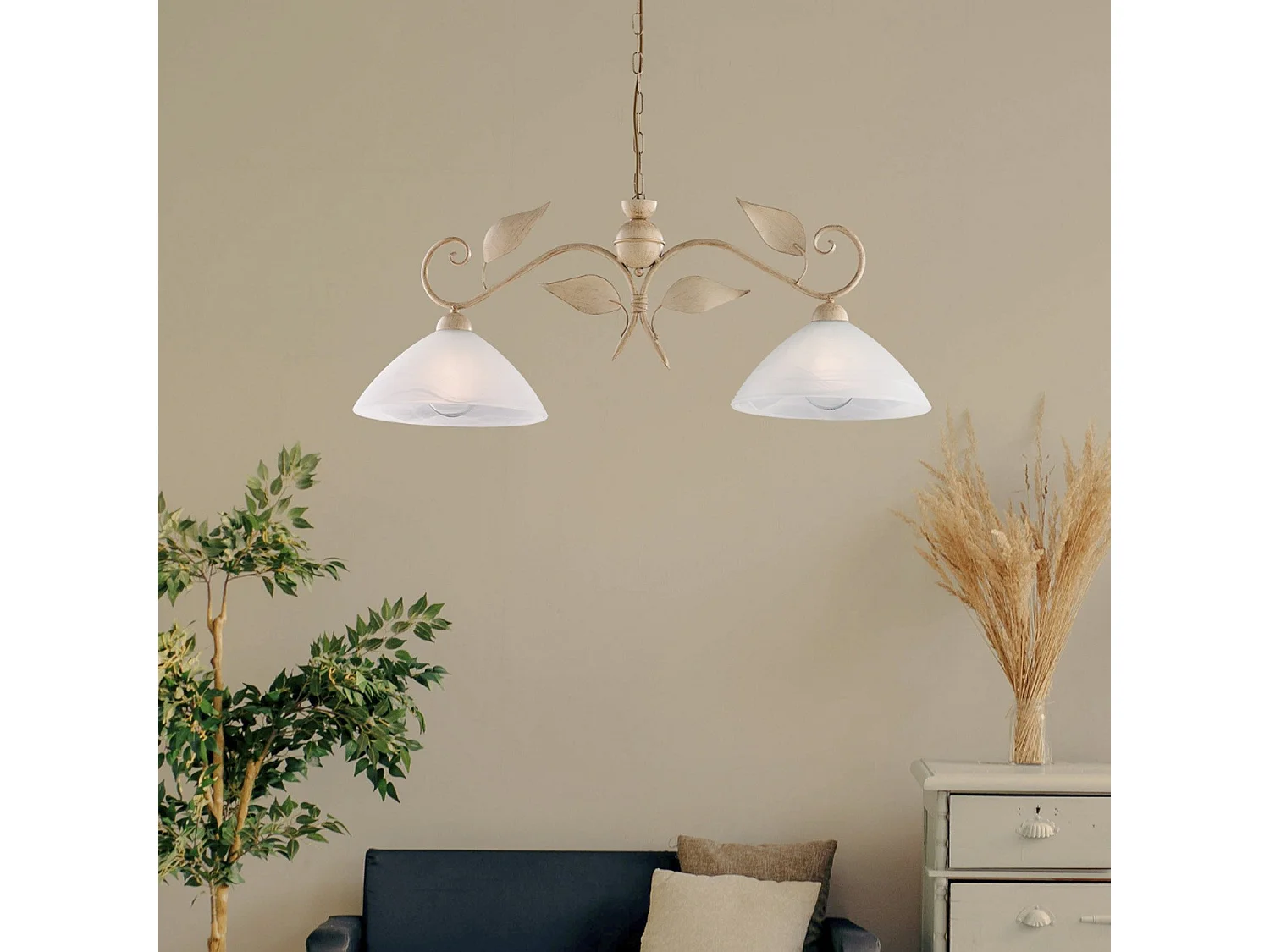 Lustre Esse fer ivoire, déco or antique, verre albâtre d.30, 2 lumières 96x30 cm, style classique discret et raffiné