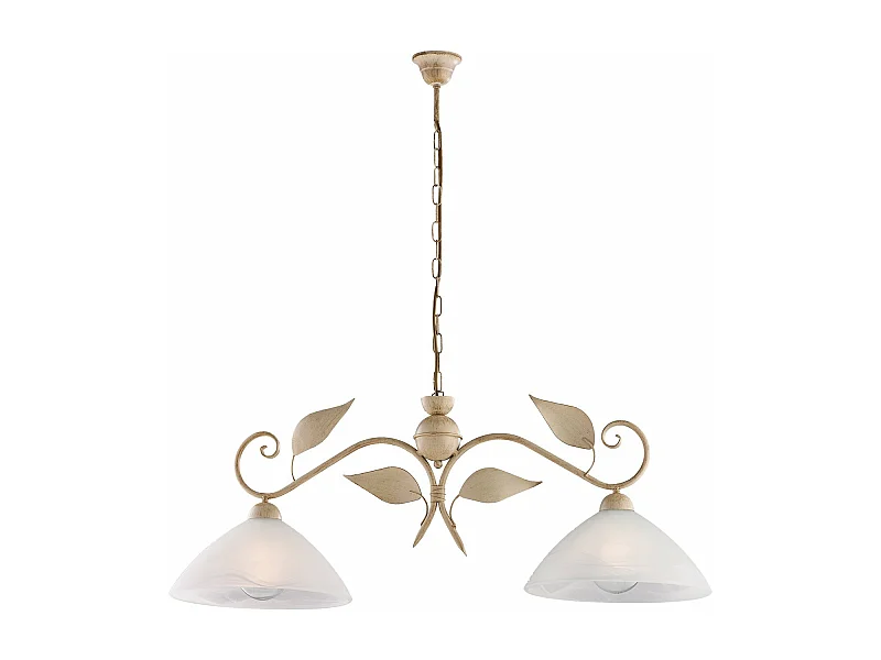 Lustre Esse fer ivoire, déco or antique, verre albâtre d.30, 2 lumières 96x30 cm, style classique discret et raffiné