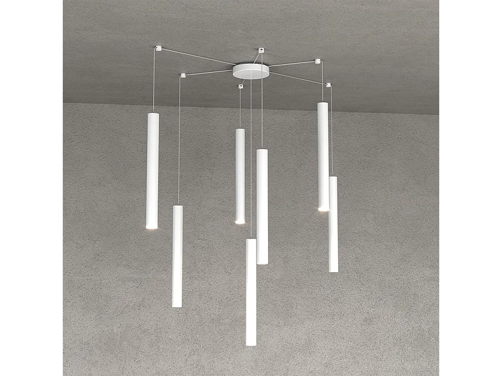 Round Tube Sospensione 7 Luci Bianco Cavo Cm.250 Con Base